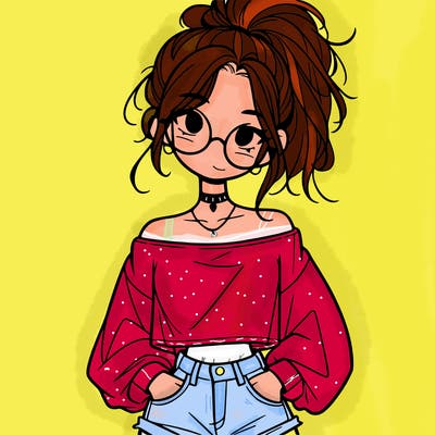 girl with a messy ponytail glasses a baggy crop top and jean shorts