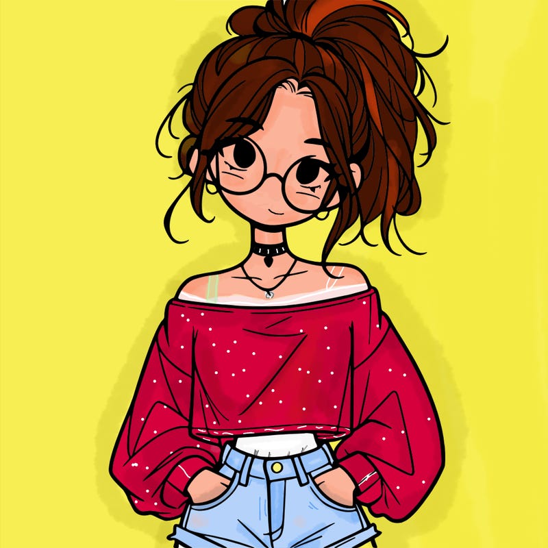 girl with a messy ponytail glasses a baggy crop top and jean shorts