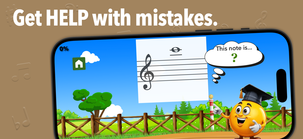 Flashnote Derby - Flashnote Derby app screen showing a character in a graduation cap providing help with identifying music notes on a staff