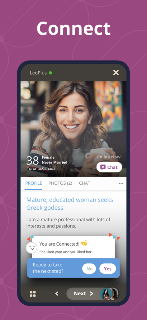 EligibleGreeks - Greek Dating - A mutual match notification and user profile on the EligibleGreeks dating app.