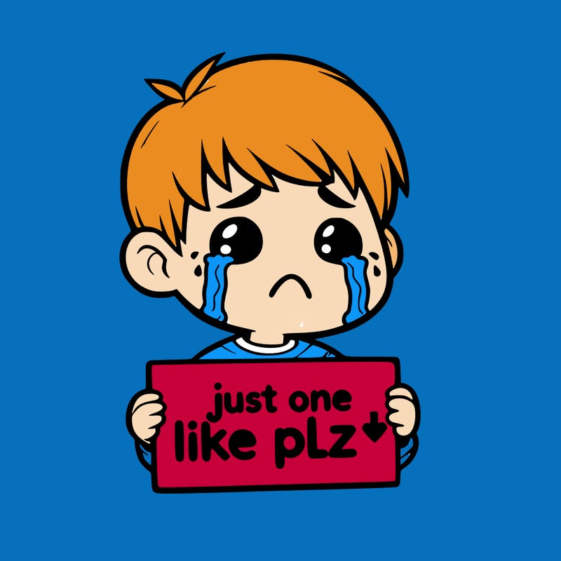 realistic crying boy with a sign saying just one like plz