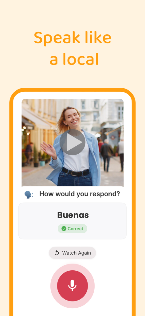 Interface of Palteca app showing a speaking exercise where a user responds to a native Spanish speaker video.