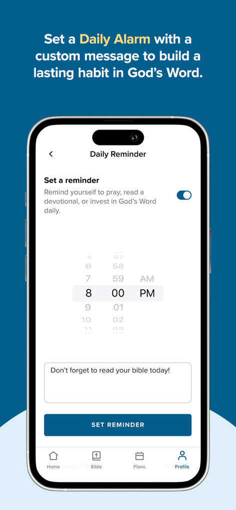 CBN Daily Devotional Bible App - Interface of the CBN Daily Devotional Bible App for setting a daily reading reminder