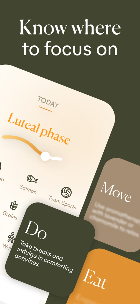 Lively - Period Tracker, Cycle - Lively app interface showing personalized lifestyle recommendations for the luteal phase including diet and exercise tips