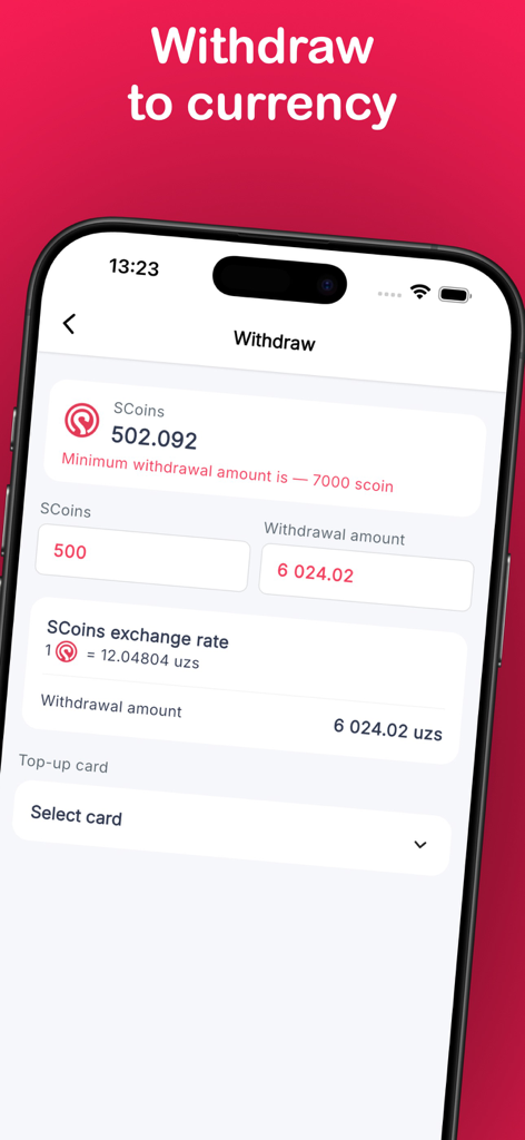 SOut - Pantalla móvil de la aplicación SOut mostrando la función de retiro a moneda con el saldo de coins y la información de la tasa de cambio