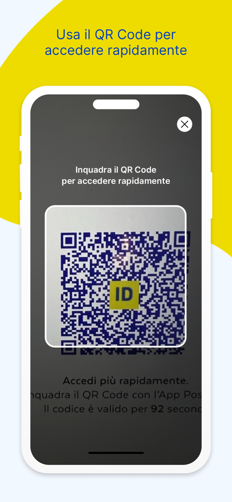 PosteID mobile app interface showing a QR code scanner for quick digital identity login