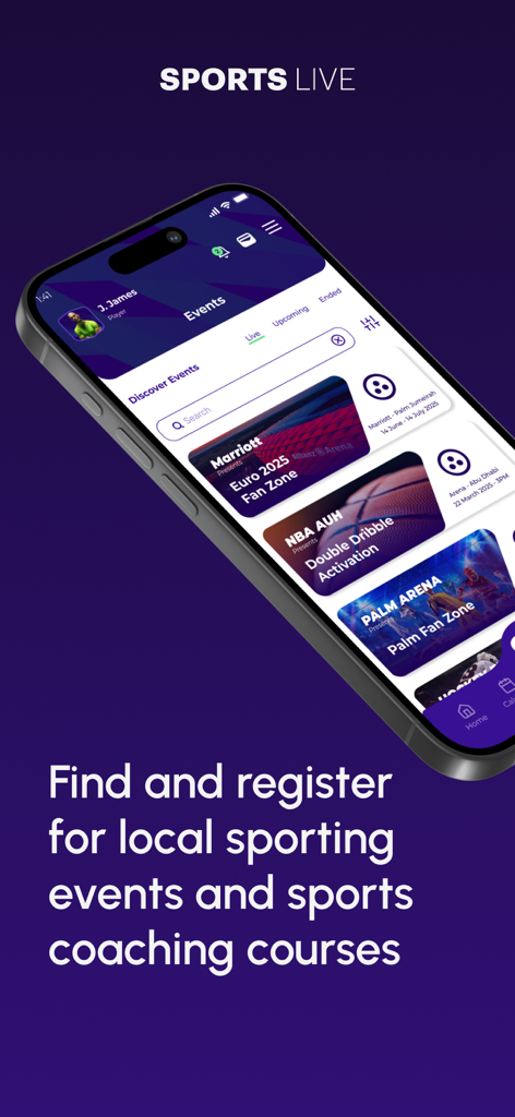 SportsPassport - SportsPassport app interface showing local sporting events and fan zones for user registration