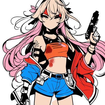 bad girl wearing crop top holding a gun long hair anime