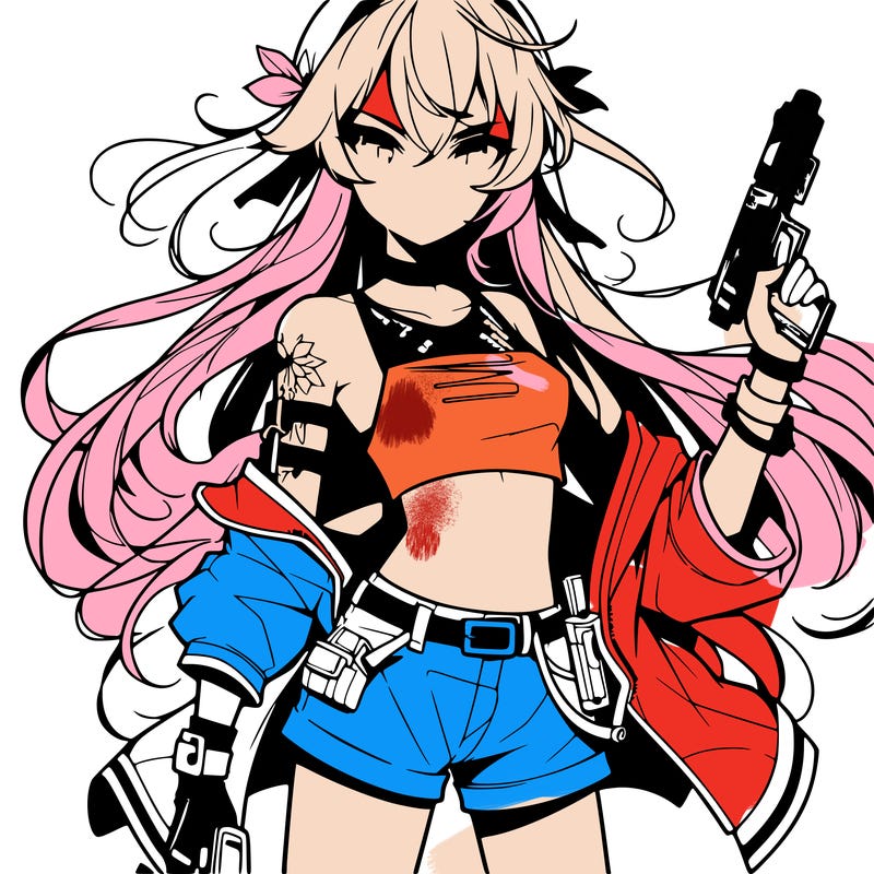 bad girl wearing crop top holding a gun long hair anime