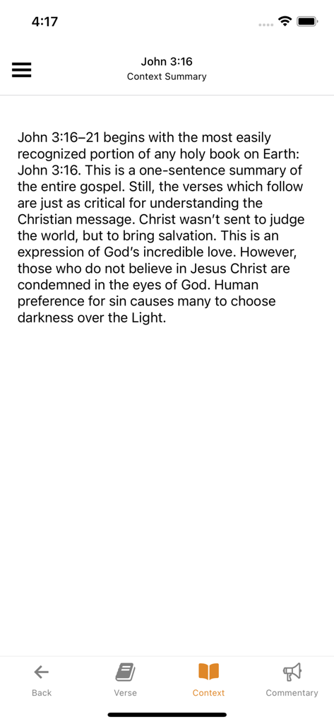 A screenshot of the BibleRef app showing a context summary for the Bible verse John 3 16