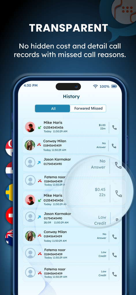 Phoring - Detailed call history and transparent records on the Phoring virtual phone app.