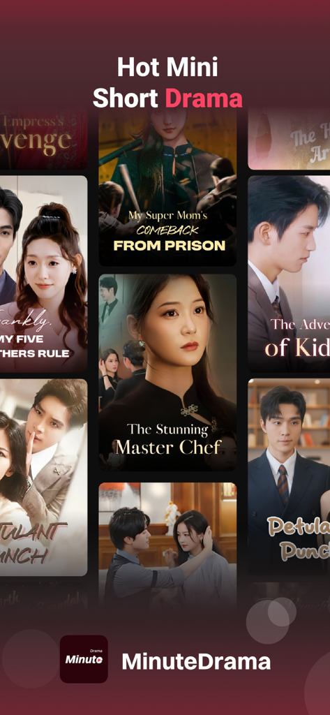 MinuteDrama - Short Drama - Un collage de varios pósteres de minidramas con diferentes actores y títulos como El Magnífico Chef Maestro y Regreso de la Prisión.