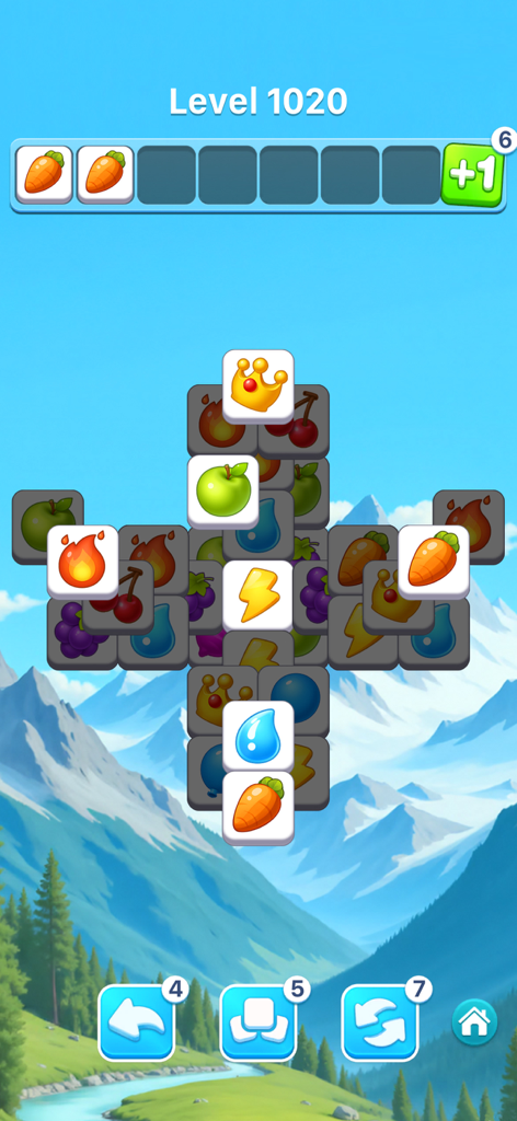 A tile matching puzzle level in Happy Makeover featuring colorful icons and a scenic mountain background.