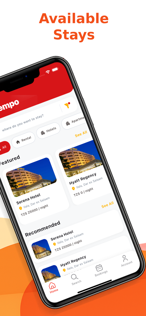 タンザニアのダルエスサラームでのホテル滞在と予約オプションを表示するテンポ・アフリカアプリのインターフェース