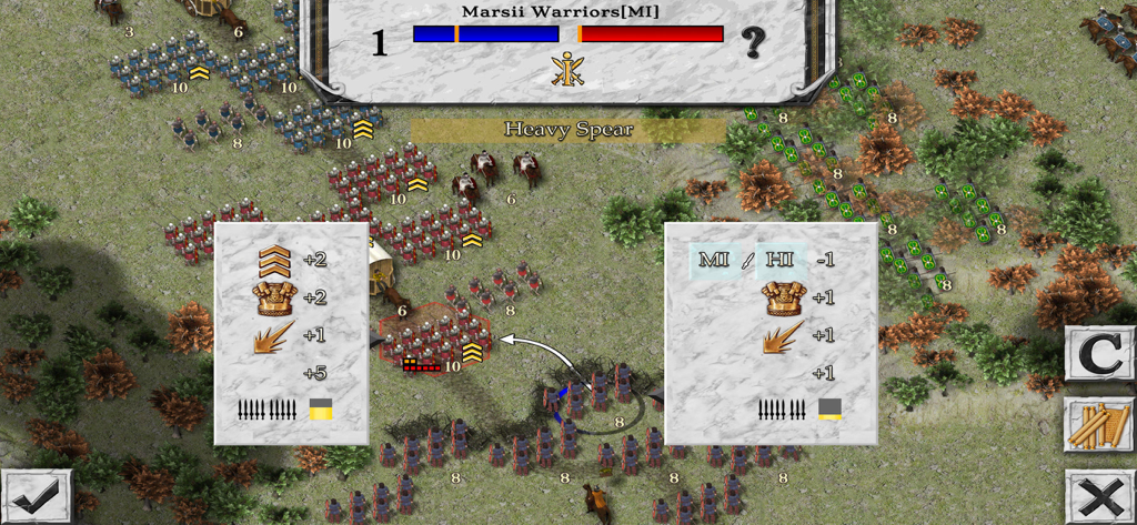 Battles of the Ancient World - 軍事ユニットの統計とマップの位置を示すBattles of the Ancient Worldの戦術戦闘インターフェイス