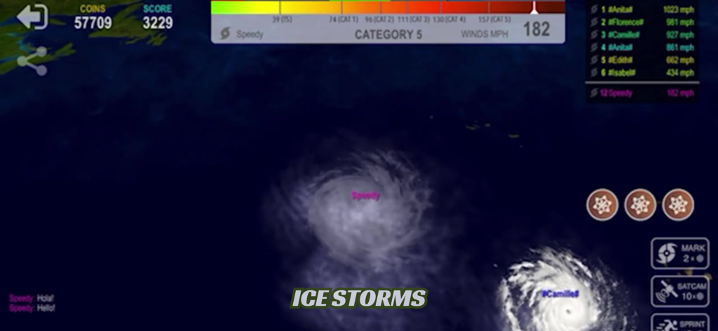 Gameplay of Hurricane.io showing a Category 5 storm named Speedy with 182 mph wind speed on a global leaderboard