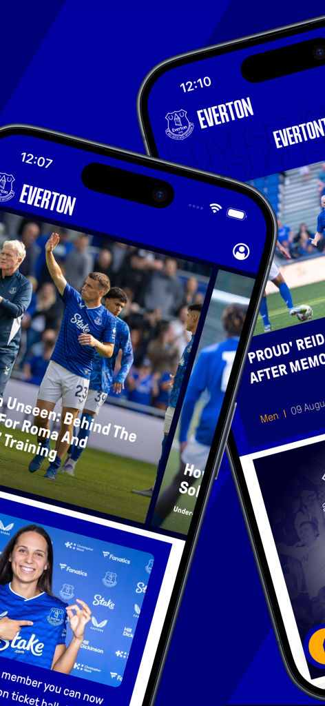 Everton - Official Everton FC app interface displaying club news and player updates
