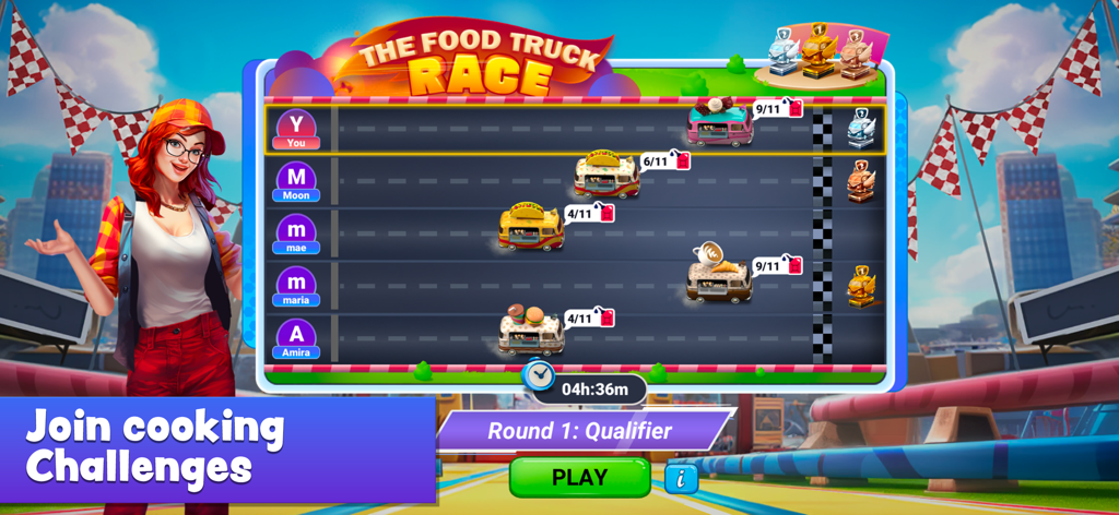 Una pantalla de torneo de carreras de food trucks donde los jugadores compiten en desafíos de cocina