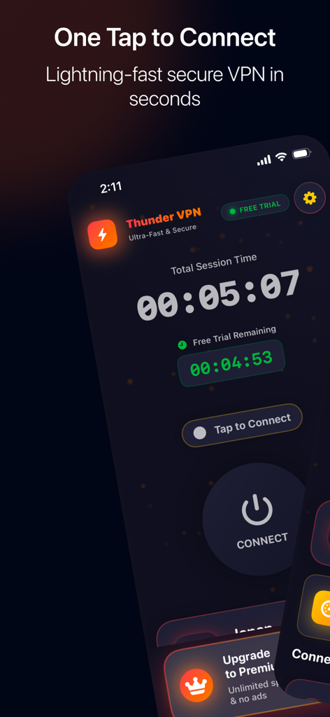 Thunder VPN - Proxy Unlimited - Thunder VPN mobile app interface featuring a one tap connect button and session timer