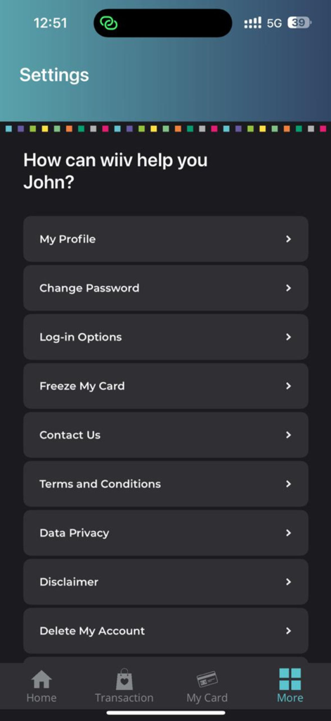Settings menu of the wiiv loyalty app showing account and security management options