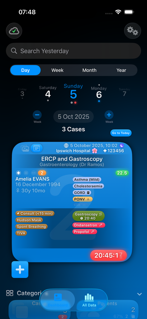 Somnus - Somnus app dashboard showing a detailed medical case log for an anaesthesia procedure