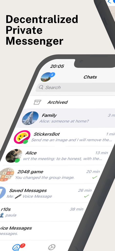 Delta Chat mobile app interface showing a list of decentralized private messages