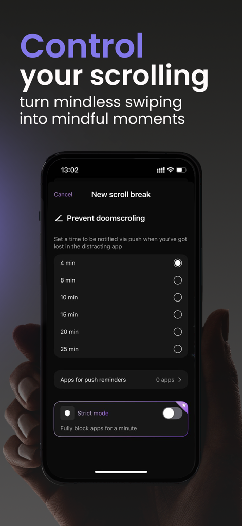 Screen Time Control - HeadUp - Interfaz de la aplicación HeadUp para establecer pausas de desplazamiento y prevenir el 'doomscrolling'.