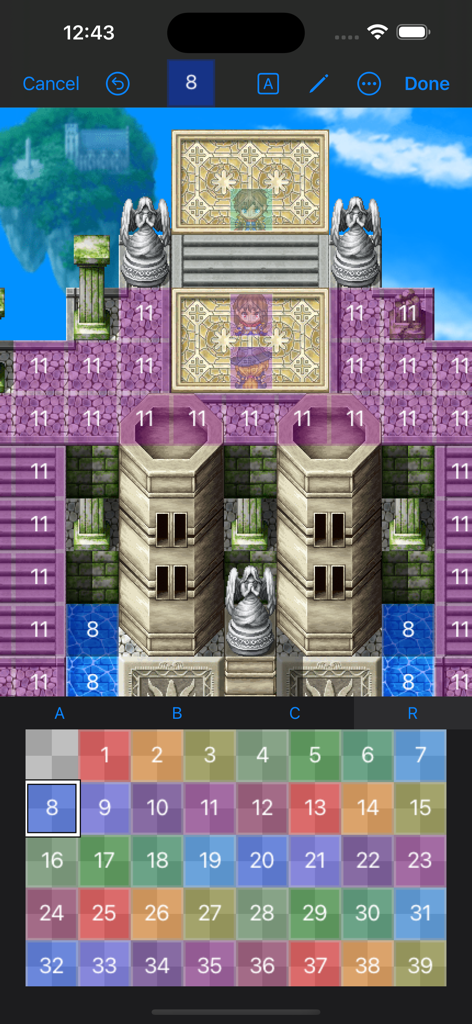 Interfaz de Mapper MZ para editar regiones de mapas de RPG Maker MZ en móvil