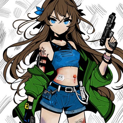 bad girl wearing crop top holding a gun long hair anime
