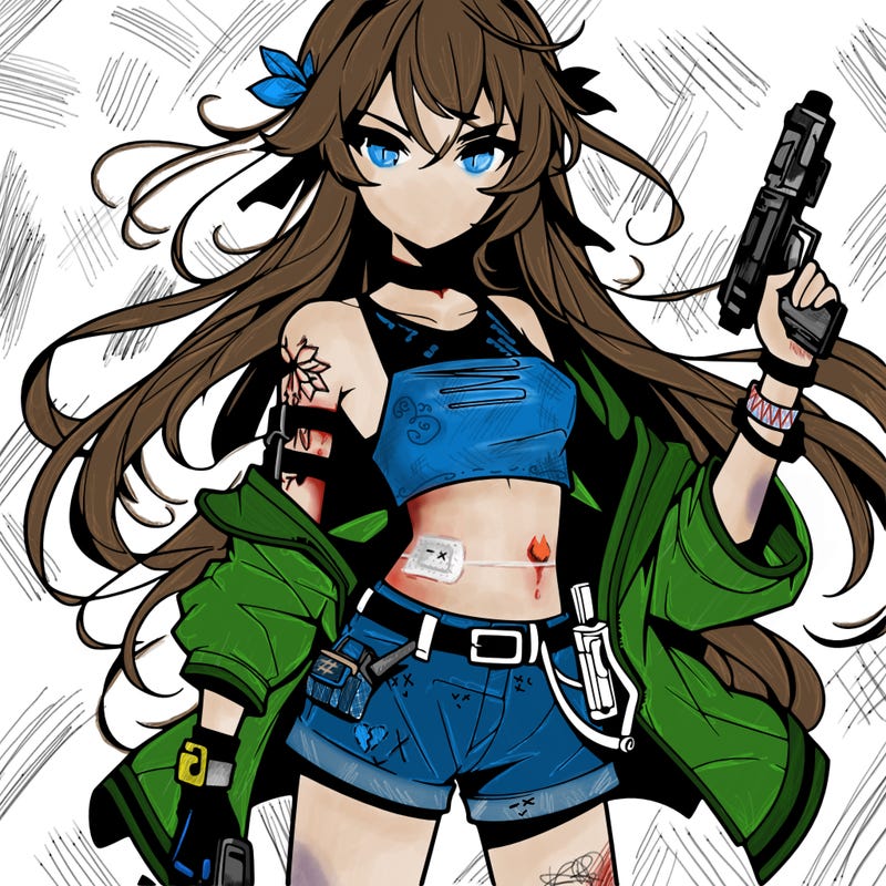 bad girl wearing crop top holding a gun long hair anime