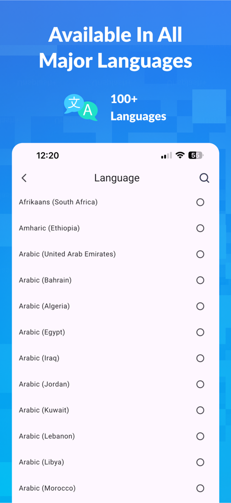 Crikk app interface showing a list of over 100 supported languages for text to speech conversion