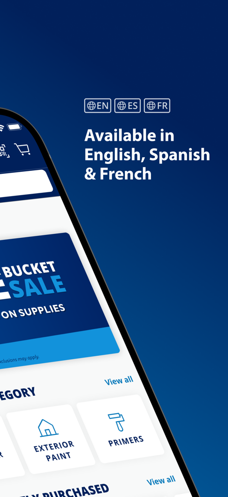 Sherwin-Williams PRO+ - Sherwin-Williams PRO+ app interface showing English, Spanish, and French language options.