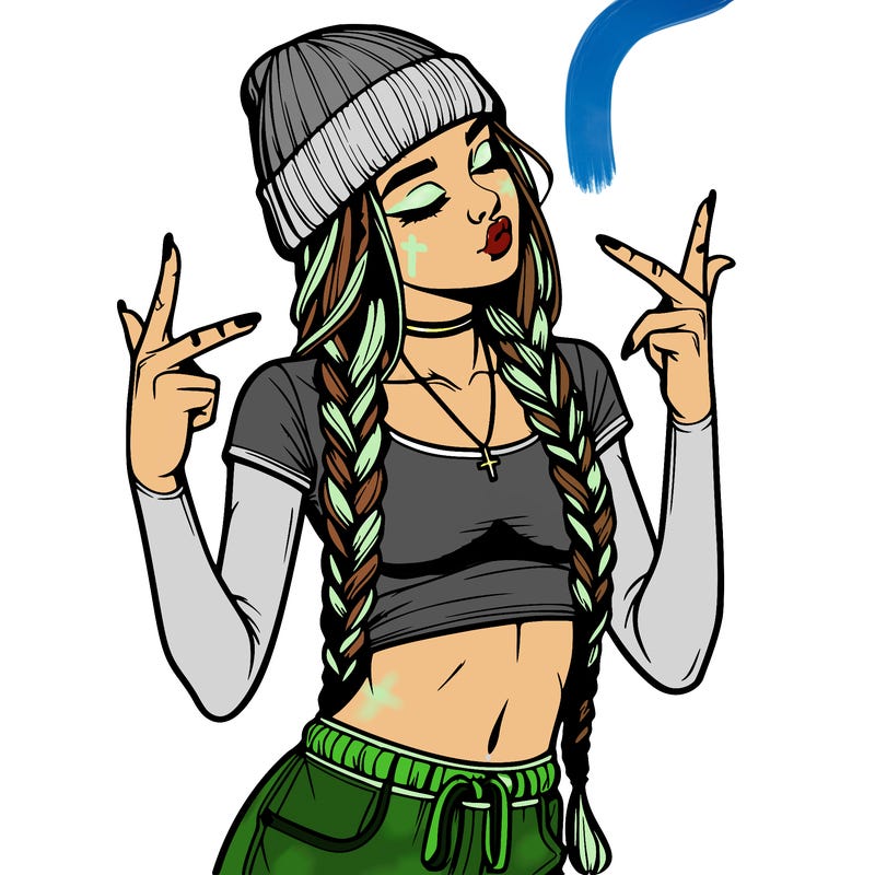 realistic teenage girl with braids and a beanie and crop top doing 🫶🏼