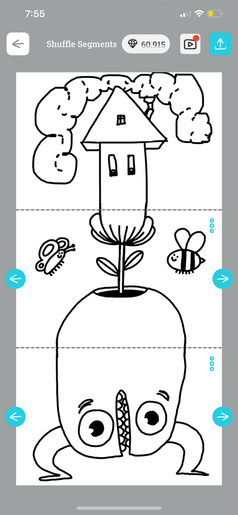 DrawnTogether - Interface of the DrawnTogether app showing a vertical collaborative drawing made of three different segments including a house a flower and a monster head