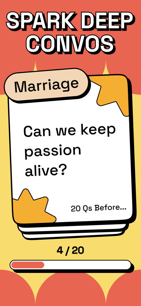 20 Questions: Game For Couples - 20の質問アプリの結婚カテゴリの質問カード、「情熱を維持できますか？」という質問。