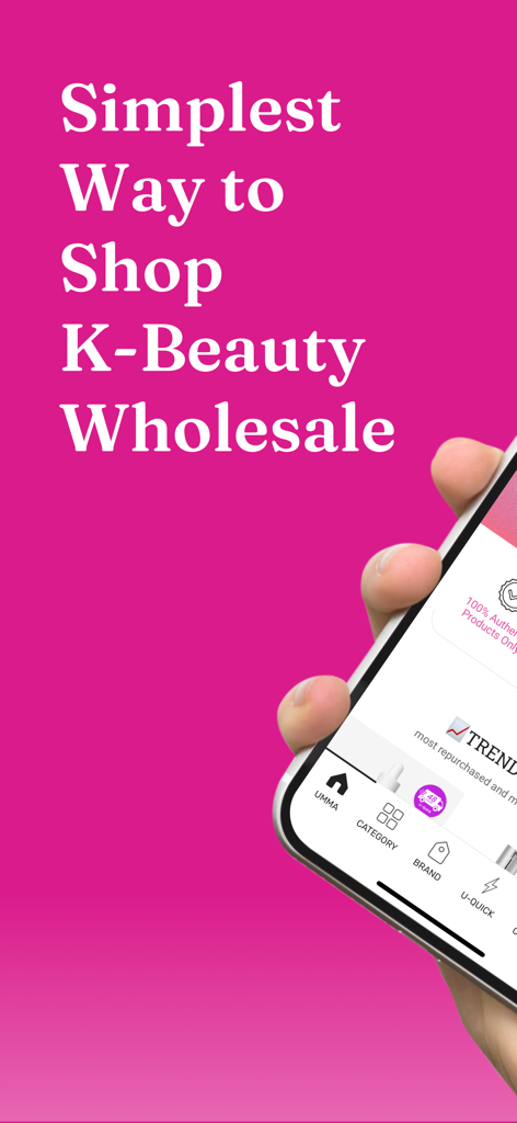 umma.io - A hand holding a smartphone displaying the Umma app interface for wholesale Korean beauty products on a pink background.