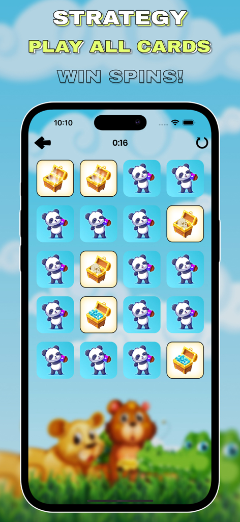 Matching game screen within the Spins and Coins Reward Links app featuring panda and treasure chest tiles