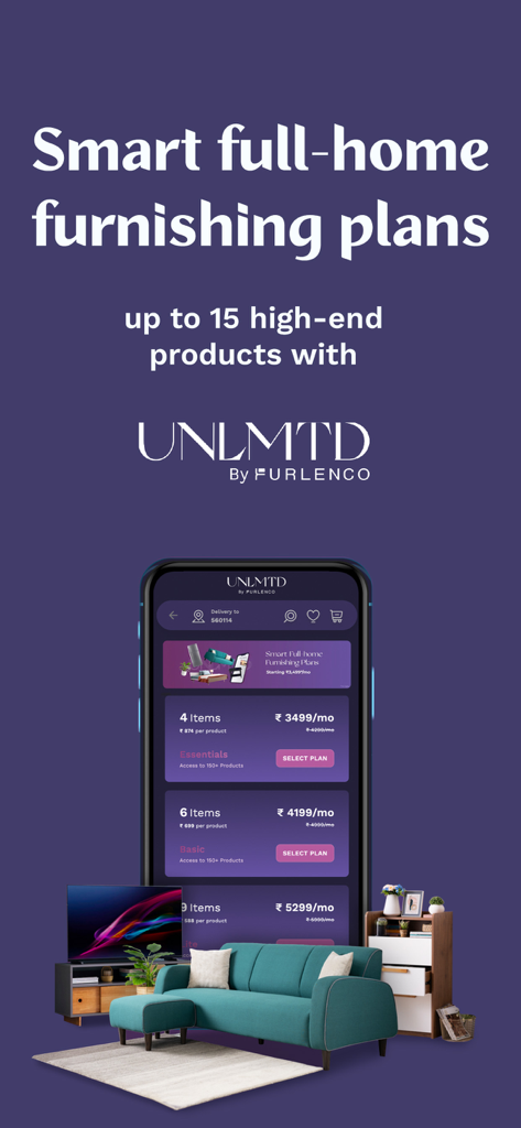 Furlenco - Interfaccia dell'app mobile Furlenco UNLMTD che mostra i piani di abbonamento mensili per mobili per prodotti di fascia alta.