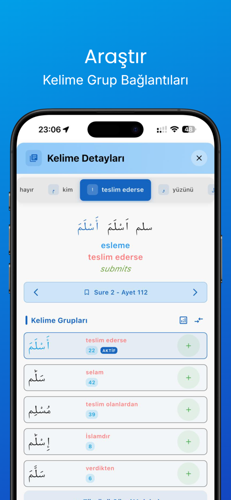 Kuran Analiz 2026 - Tela de um aplicativo móvel mostrando análise detalhada de palavras do Alcorão com traduções turcas e conexões de grupos de palavras