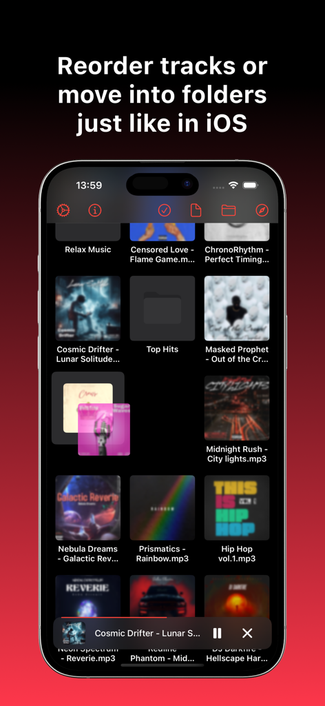 Music App: offline player - Interfaz de la aplicación de música que muestra la organización de pistas y la gestión de carpetas