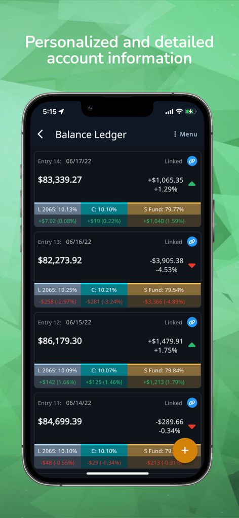 Daily TSP - A smartphone screen displaying the Balance Ledger of the Daily TSP app with daily account totals and fund performance details.