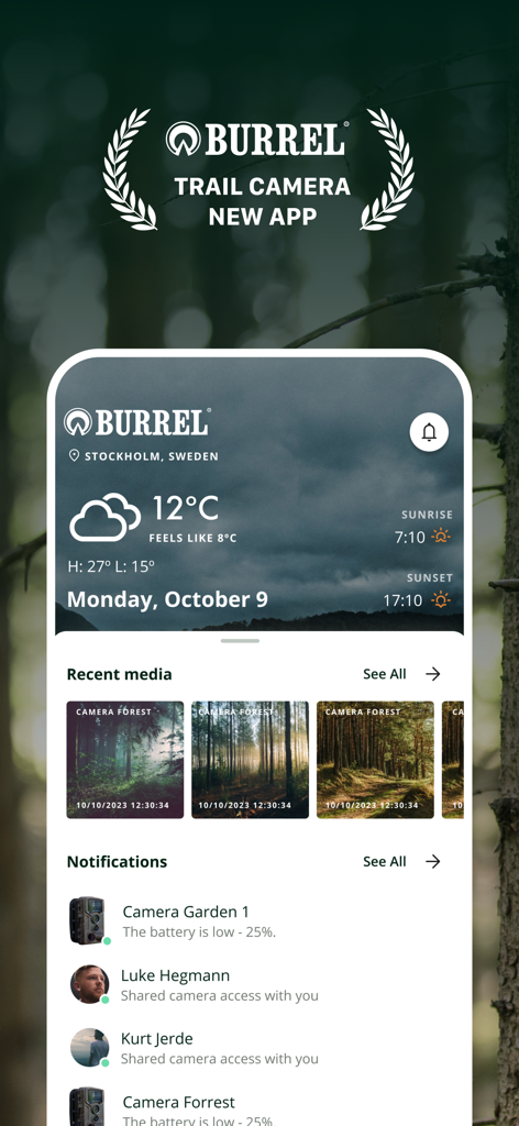 Burrel - Burrel trail camera app interface showing weather updates, recent media gallery, and camera status notifications.