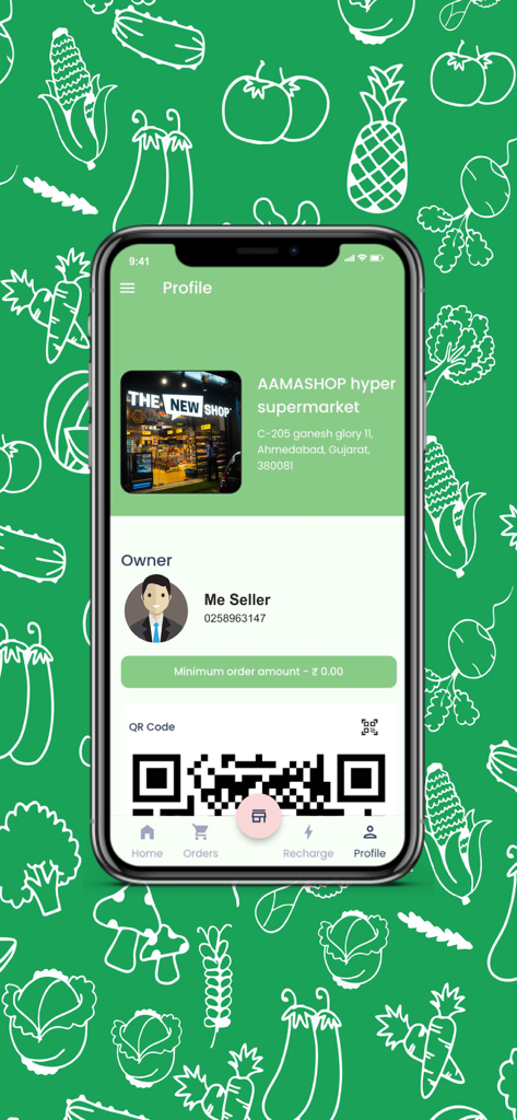 FoodBoss Seller - Profile screen of the FoodBoss Seller app showing store details and a QR code