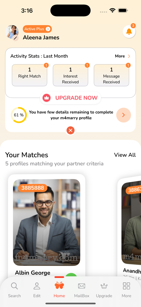Home screen of M4marry matrimony app displaying user activity and partner matches.