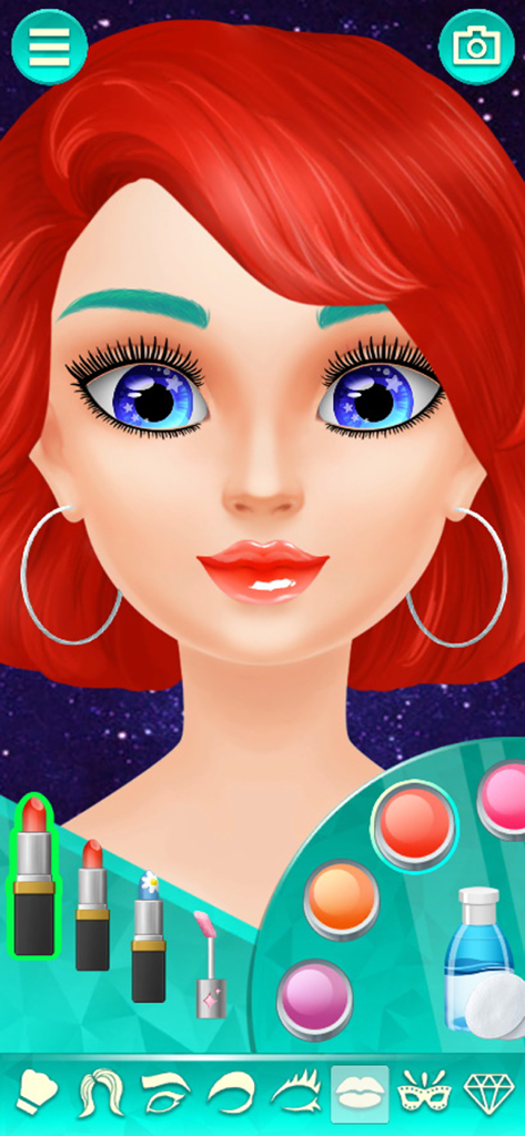 Makeup Games for Fashion Girls - Interface of a makeup game for girls featuring a red-haired model and cosmetic tools