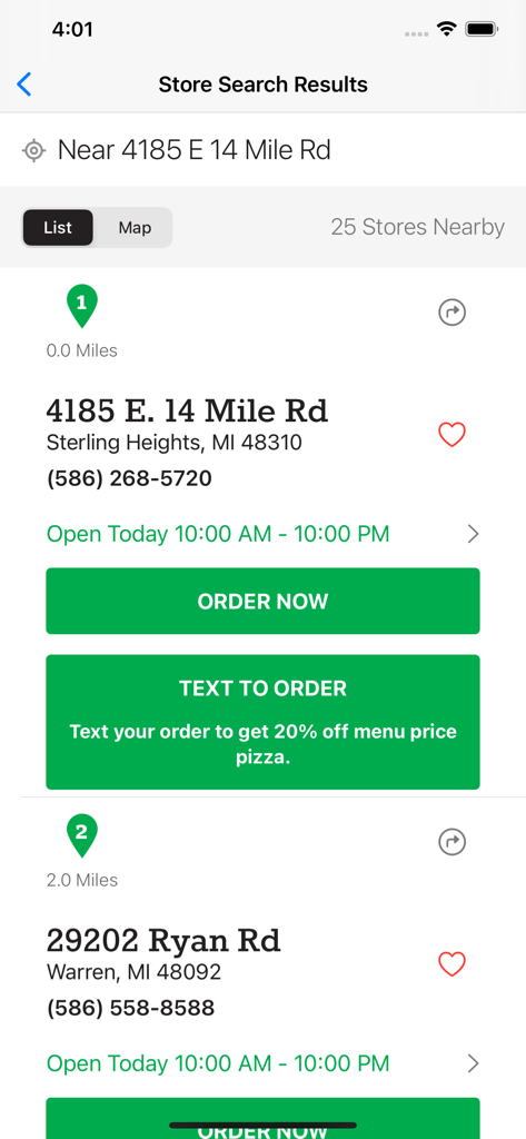 Página de resultados de pesquisa de lojas do aplicativo Jet's Pizza mostrando locais próximos com botões para pedir e texto para pedir