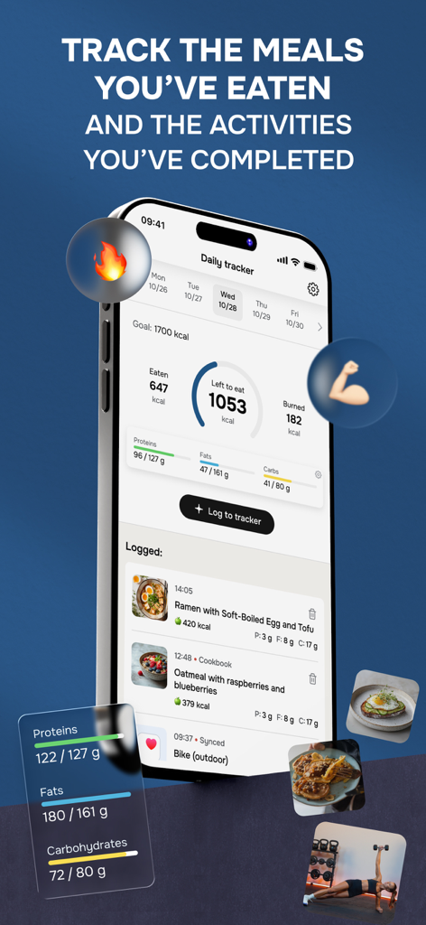 Diet & Training by Ann - Diet and Training by Annアプリの、カロリー計算と食事記録を表示するデイリートラッカーのインターフェース。