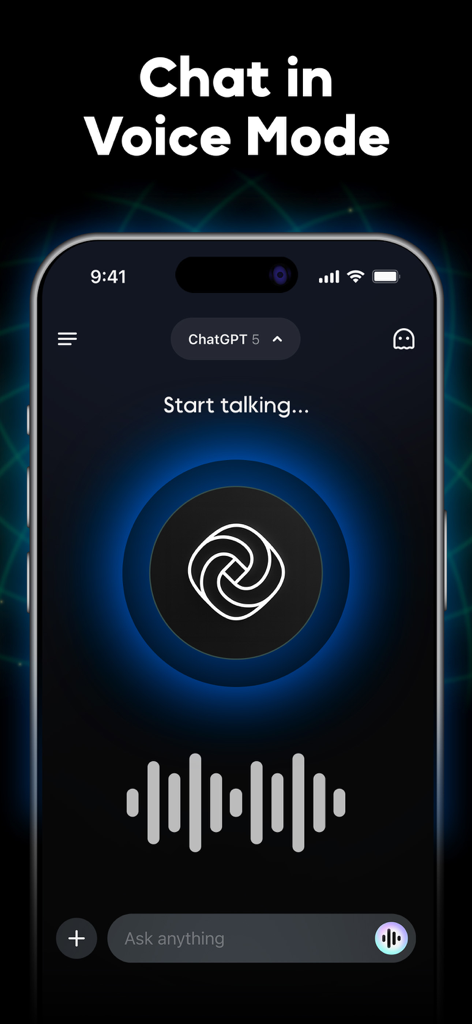 ChatPrime mobile app interface featuring AI voice mode with an audio waveform display