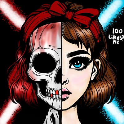 realistic girl with half skull mask