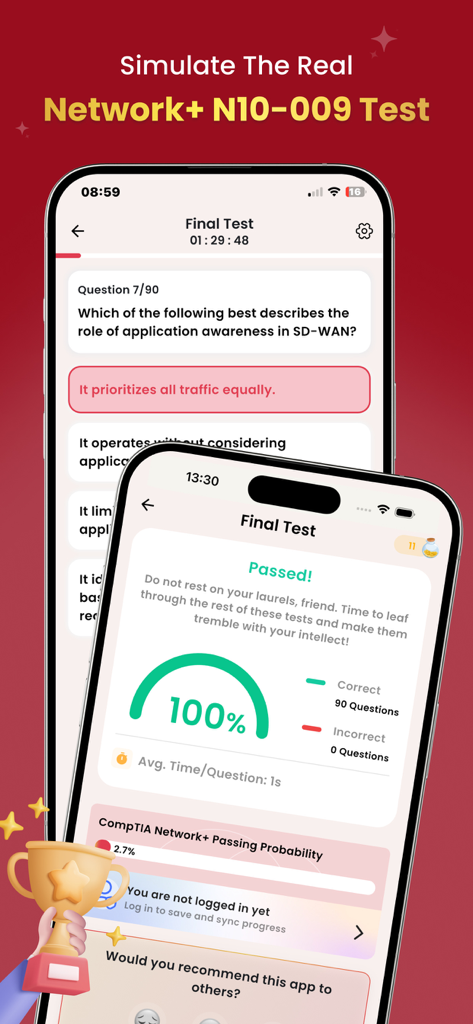 Simulação de teste prático do exame CompTIA Network plus mostrando uma pergunta e a tela final de resultados do teste